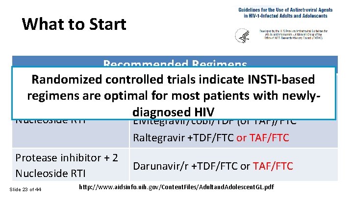 What to Start Recommended Regimens Randomized controlled trials indicate INSTI-based Dolutegravir/abacavir/3 TC regimens are