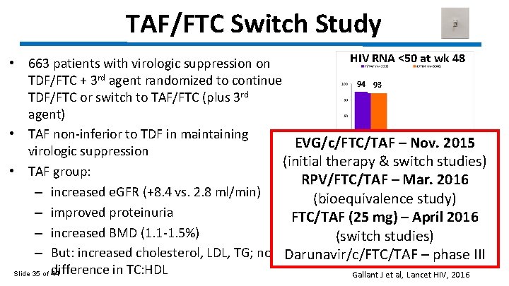 TAF/FTC Switch Study HIV RNA <50 at wk 48 • 663 patients with virologic