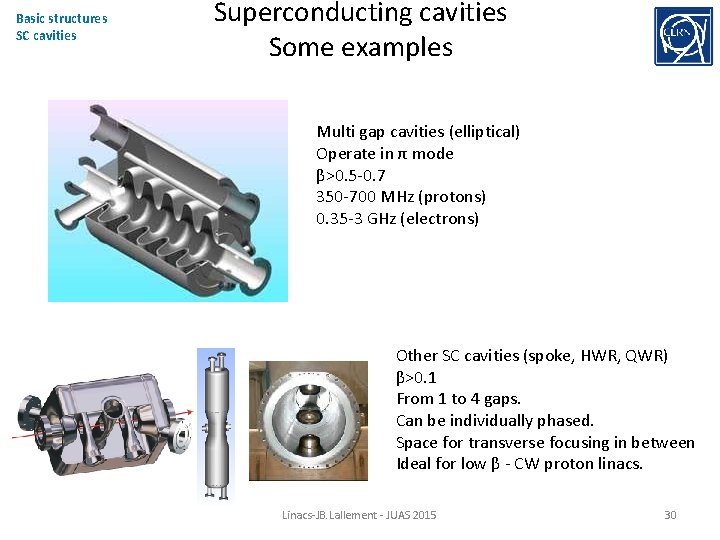 Basic structures SC cavities Superconducting cavities Some examples Multi gap cavities (elliptical) Operate in