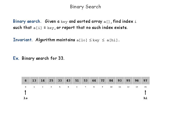 Binary Search Binary search. Given a key and sorted array a[], find index i