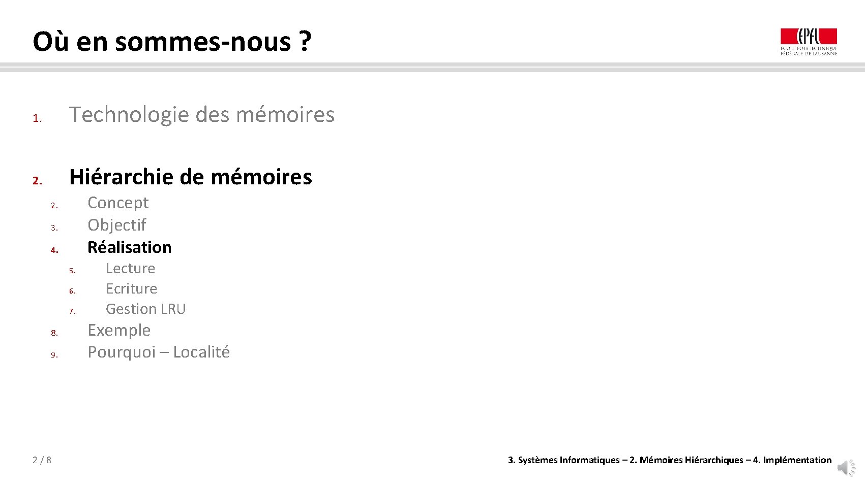 Où en sommes-nous ? 1. Technologie des mémoires 2. Hiérarchie de mémoires Concept Objectif