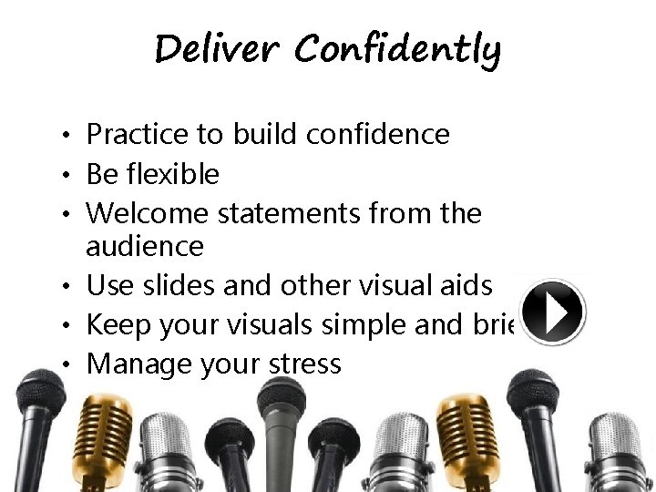 Deliver Confidently • Practice to build confidence • Be flexible • Welcome statements from Deliver Confidently • Practice to build confidence • Be flexible • Welcome statements from