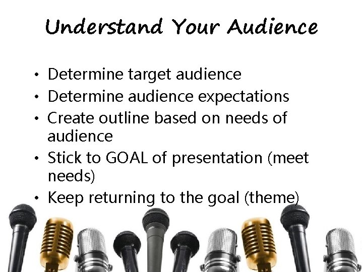 Understand Your Audience • Determine target audience • Determine audience expectations • Create outline