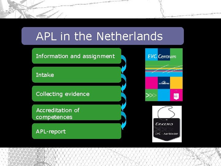 APL in the Netherlands Information and assignment Intake Collecting evidence Accreditation of competences APL-report