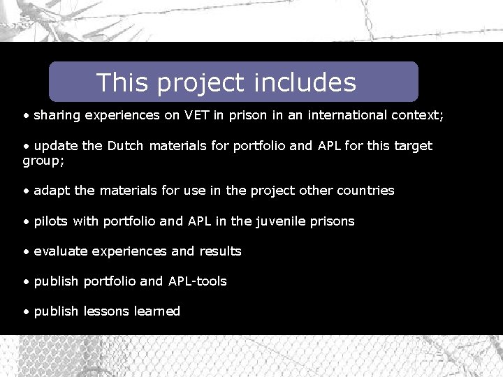 This project includes • sharing experiences on VET in prison in an international context;