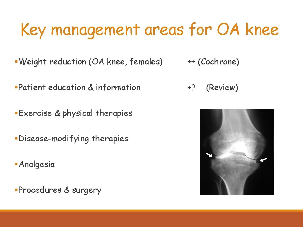 Key management areas for OA knee §Weight reduction (OA knee, females) ++ (Cochrane) §Patient
