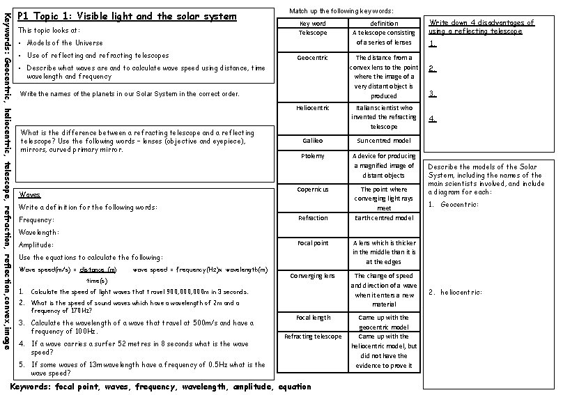 Keywords: Geocentric, heliocentric, telescope, refraction, reflection, convex, image P 1 Topic 1: Visible light