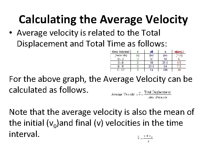 Calculating the Average Velocity • Average velocity is related to the Total Displacement and