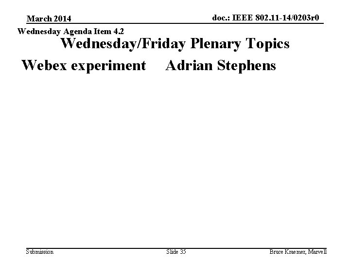 doc. : IEEE 802. 11 -14/0203 r 0 March 2014 Wednesday Agenda Item 4.