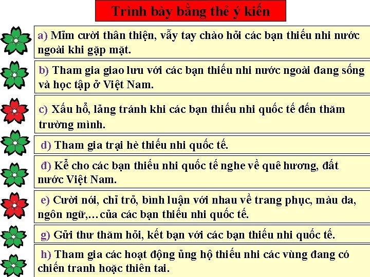 Trình bày bằng thẻ ý kiến a) Mỉm cười thân thiện, vẫy tay chào