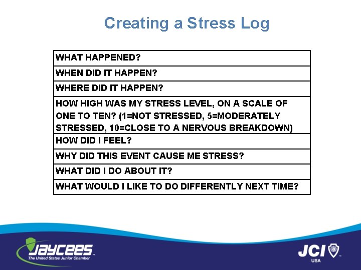 Creating a Stress Log WHAT HAPPENED? WHEN DID IT HAPPEN? WHERE DID IT HAPPEN?