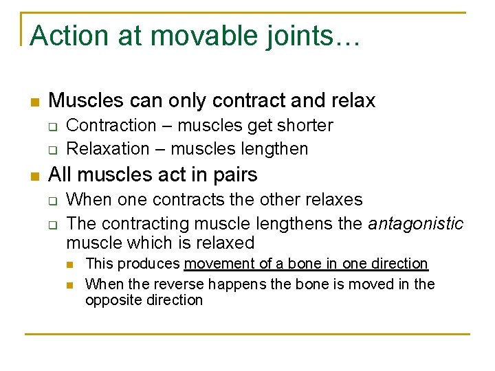 Action at movable joints… n Muscles can only contract and relax q q n