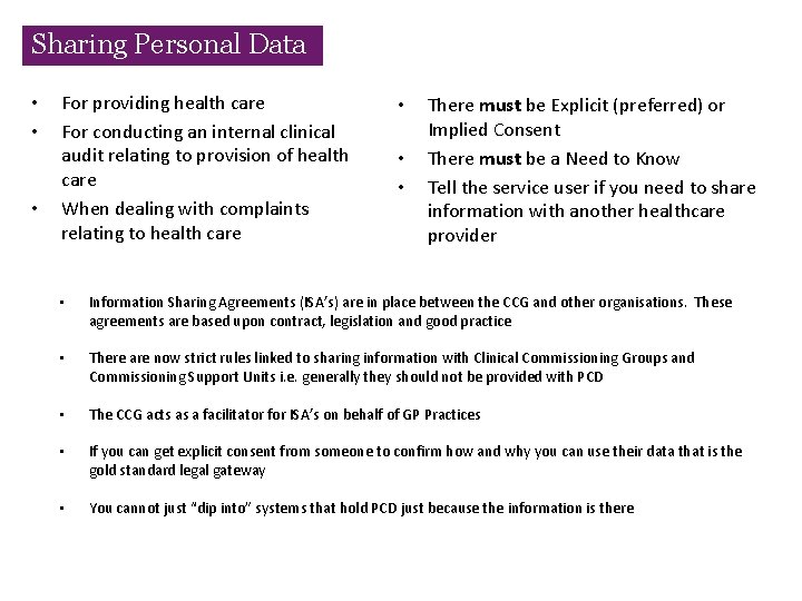 Sharing Personal Data • • • For providing health care For conducting an internal