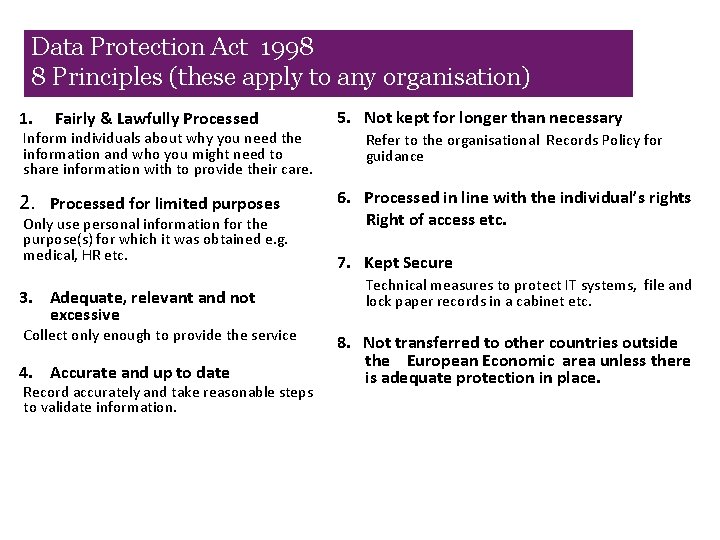 Data Protection Act 1998 8 Principles (these apply to any organisation) 1. Fairly &