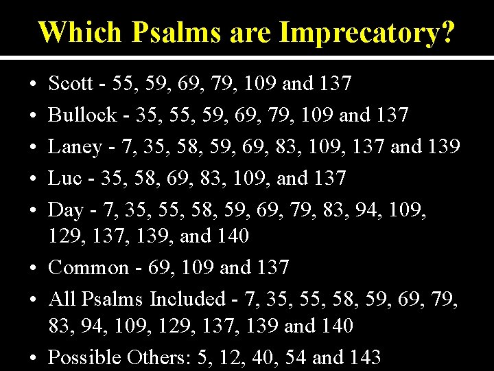 Which Psalms are Imprecatory? • • • Scott - 55, 59, 69, 79, 109