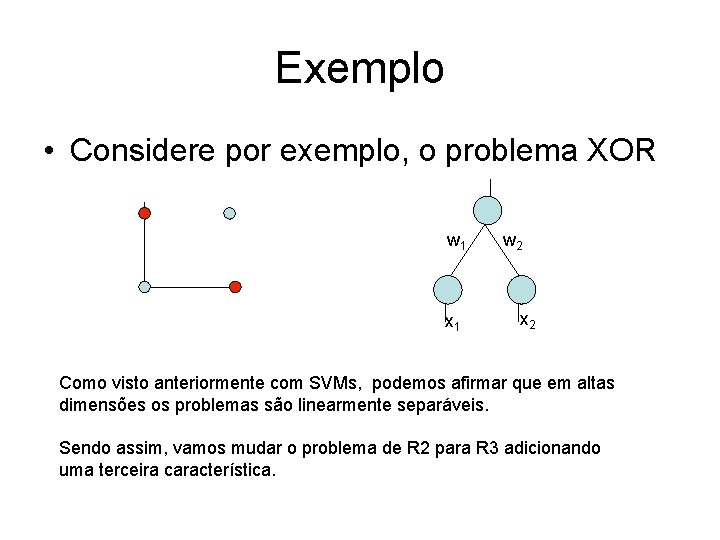 Exemplo • Considere por exemplo, o problema XOR w 1 x 1 w 2