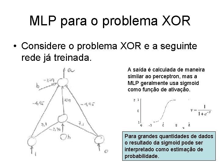 MLP para o problema XOR • Considere o problema XOR e a seguinte rede