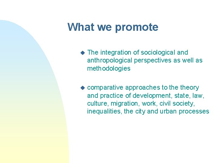 What we promote u The integration of sociological and anthropological perspectives as well as