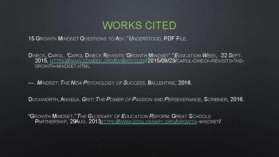 WORKS CITED 15 GROWTH MINDSET QUESTIONS TO ASK. ” UNDERSTOOD, PDF FILE. DWECK, CAROL.
