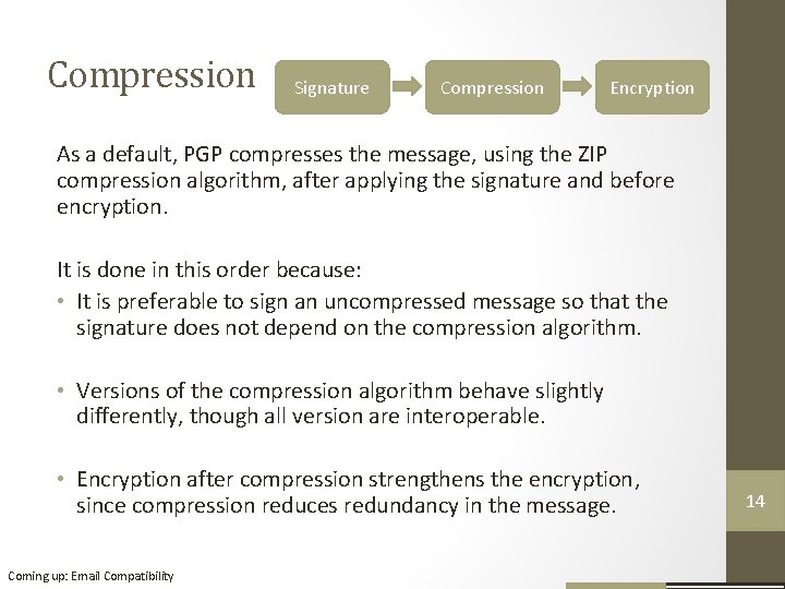 Compression Signature Compression Encryption As a default, PGP compresses the message, using the ZIP