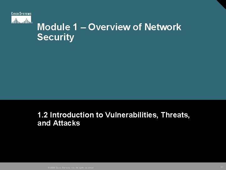 Module 1 – Overview of Network Security 1. 2 Introduction to Vulnerabilities, Threats, and