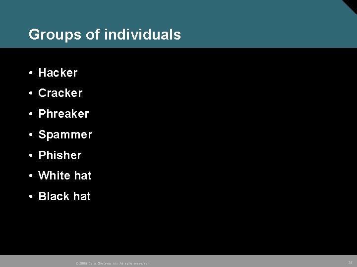 Groups of individuals • Hacker • Cracker • Phreaker • Spammer • Phisher •