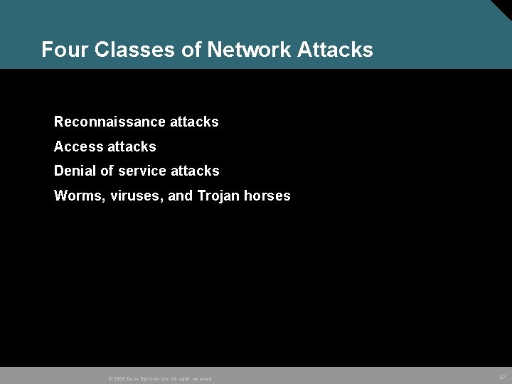 Four Classes of Network Attacks Reconnaissance attacks Access attacks Denial of service attacks Worms,