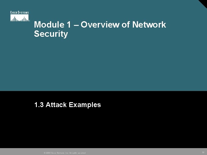 Module 1 – Overview of Network Security 1. 3 Attack Examples © 2005 Cisco