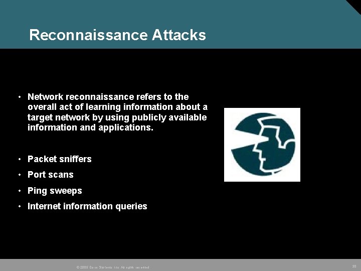 Reconnaissance Attacks • Network reconnaissance refers to the overall act of learning information about