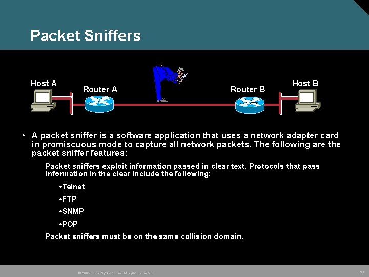 Packet Sniffers Host A Router B Host B • A packet sniffer is a