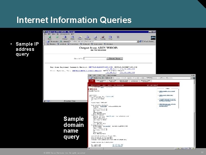 Internet Information Queries • Sample IP address query Sample domain name query © 2005