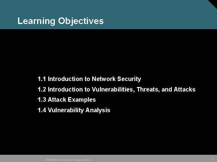 Learning Objectives 1. 1 Introduction to Network Security 1. 2 Introduction to Vulnerabilities, Threats,