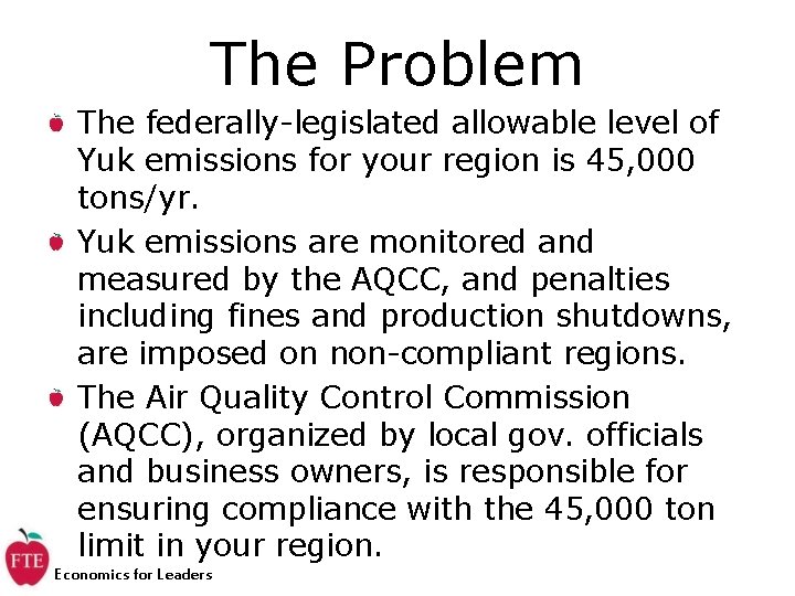 The Problem The federally-legislated allowable level of Yuk emissions for your region is 45,