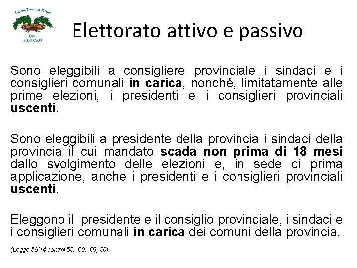 Elettorato attivo e passivo Sono eleggibili a consigliere provinciale i sindaci e i consiglieri