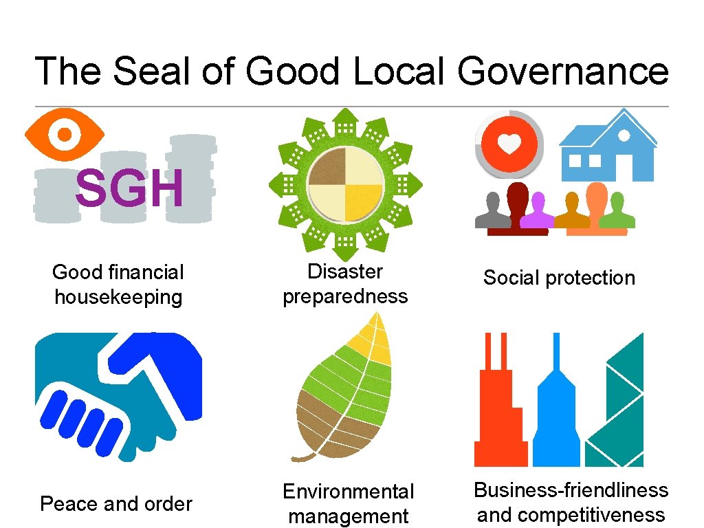 The Seal of Good Local Governance SGH Good financial housekeeping Disaster preparedness Peace and