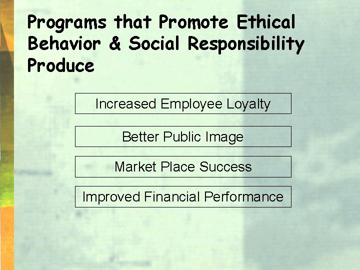 Programs that Promote Ethical Behavior & Social Responsibility Produce Increased Employee Loyalty Better Public