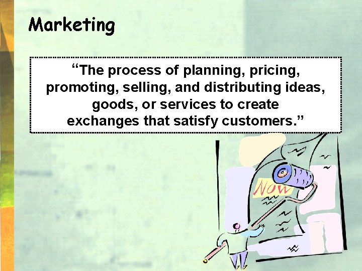 Marketing “The process of planning, pricing, promoting, selling, and distributing ideas, goods, or services