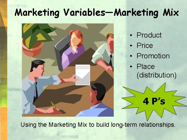Marketing Variables—Marketing Mix • • Product Price Promotion Place (distribution) 4 P’s Using the