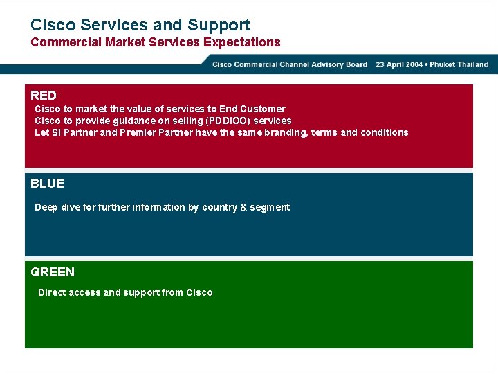 Cisco Services and Support Commercial Market Services Expectations RED Cisco to market the value