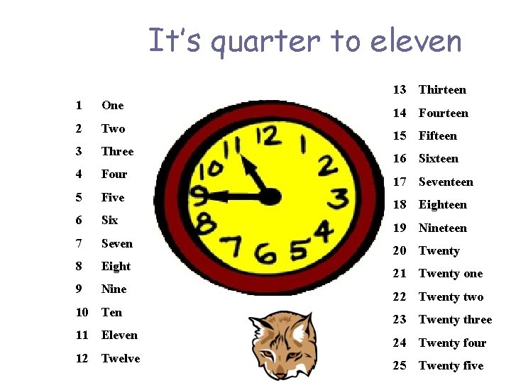 It’s quarter to eleven 13 Thirteen 1 One 2 Two 3 Three 4 Four