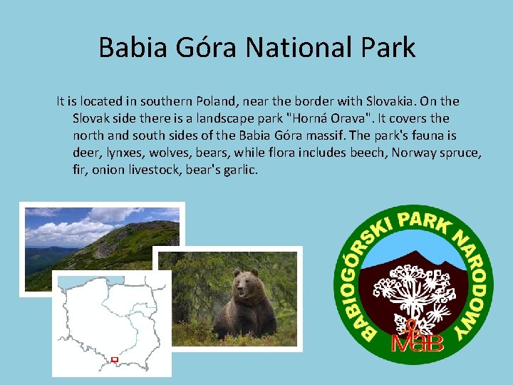 Babia Góra National Park It is located in southern Poland, near the border with
