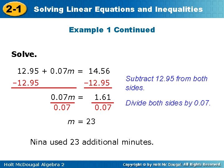 2 -1 Solving Linear Equations and Inequalities Example 1 Continued Solve. 12. 95 +
