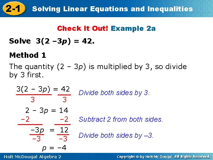 2 -1 Solving Linear Equations and Inequalities Check It Out! Example 2 a Solve