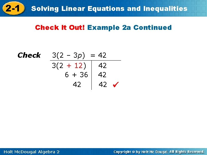 2 -1 Solving Linear Equations and Inequalities Check It Out! Example 2 a Continued