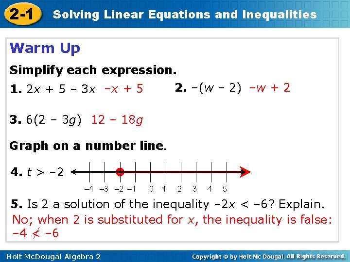 2 -1 Solving Linear Equations and Inequalities Warm Up Simplify each expression. 2. –(w