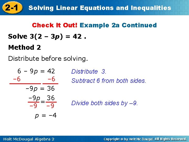 2 -1 Solving Linear Equations and Inequalities Check It Out! Example 2 a Continued