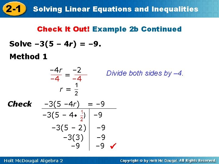 2 -1 Solving Linear Equations and Inequalities Check It Out! Example 2 b Continued