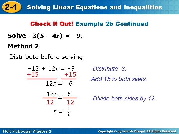 2 -1 Solving Linear Equations and Inequalities Check It Out! Example 2 b Continued