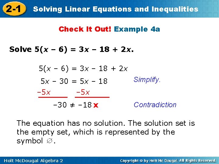 2 -1 Solving Linear Equations and Inequalities Check It Out! Example 4 a Solve