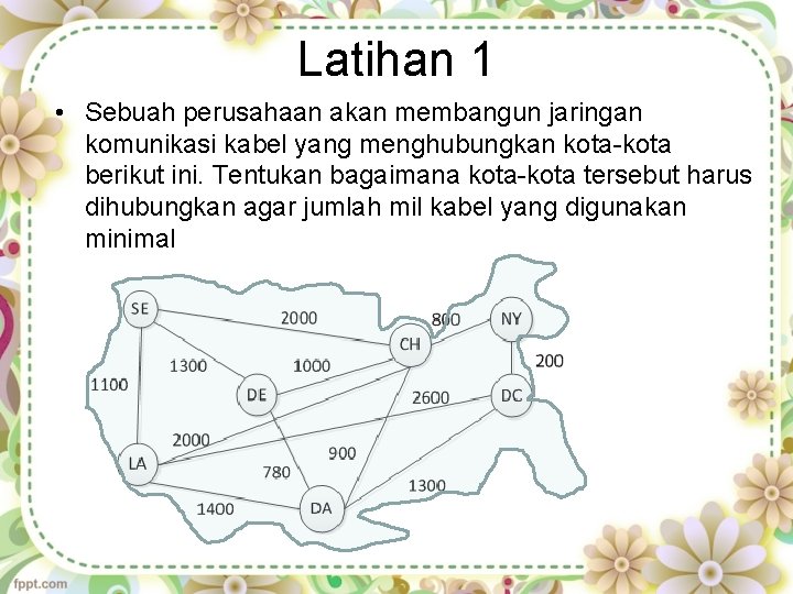 Latihan 1 • Sebuah perusahaan akan membangun jaringan komunikasi kabel yang menghubungkan kota-kota berikut